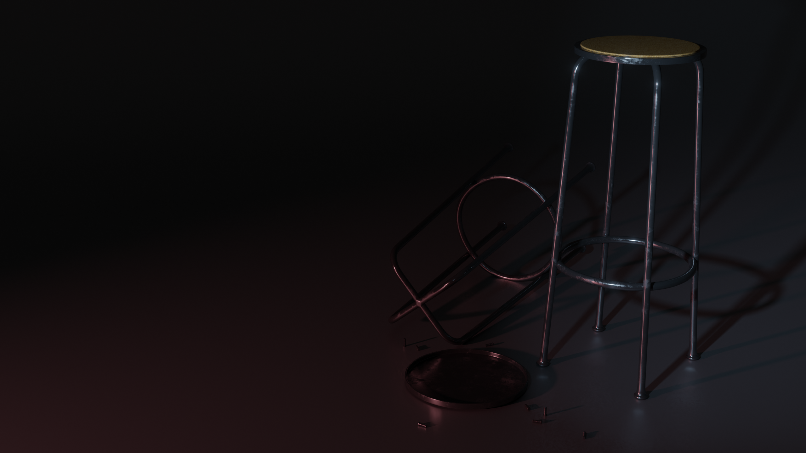 Metal stool and discarded parts under dramatic lighting